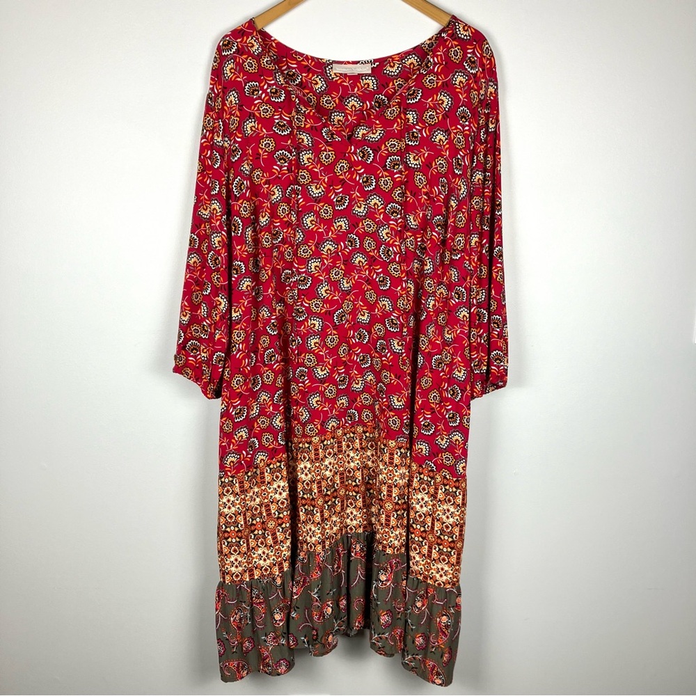 Woman Within Boho Floral Paisley Dress 28W Red Tiered Midi Flowy Pockets